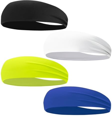 4 PCS Sweat-Guiding Double-Layer Sports Headbands, Stretchy Durable Sweatband Hairbands for Men Women Fitness Running Dance Yoga (Black+Blue+White+Neon Yellow)