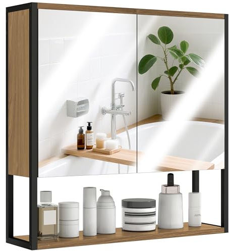 HOMCOM Bathroom Mirror Cabinet Wall Mounted with Soft-Close Doors and Adjustable Shelf, Industrial Bathroom Wall Cabinet with Open Storage, 60 x 16 x 60 cm, Natural Wood Finish