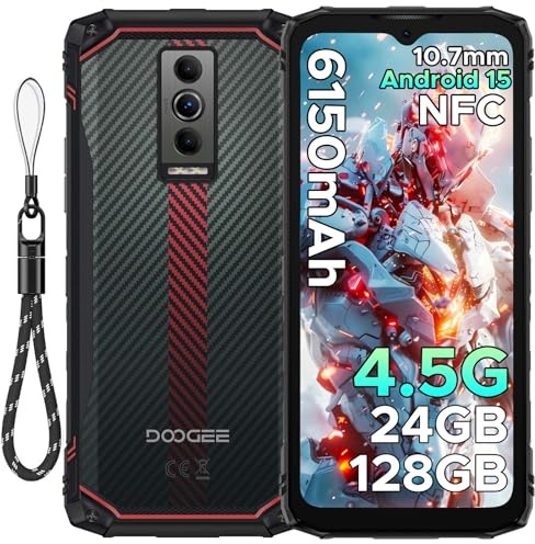 DOOGEE Blade 10 Energy Rugged Smartphone - 10.7mm Ultra-Thin Rugged Phone, 6150mAh Battery Android 15 Phone with 24GB RAM+128GB ROM, 6.56 inch 90Hz Screen 16MP+8MP Cameras/NFC/Dual SIM/Face ID - Plain