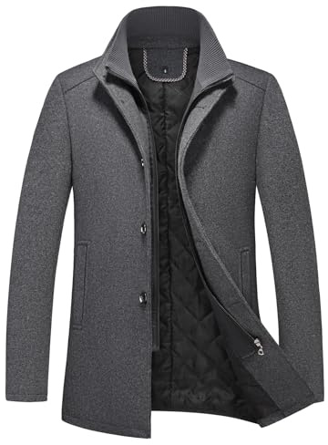 KUDORO Manteau Homme Mi-Long en Laine Chaud pour Hiver Col Montant Trench Coat Classique Parka Pardessus Caban Slim Fit Coup-Vent(Gris,M)