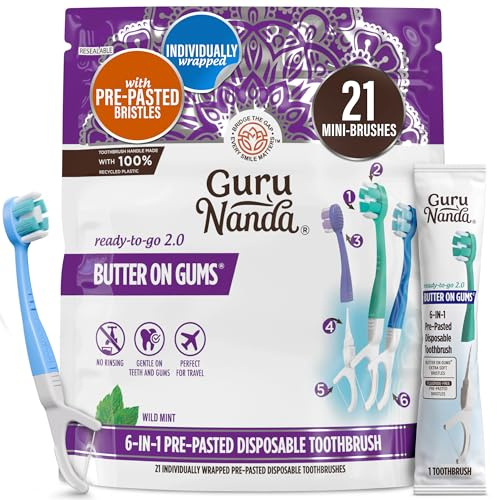 GuruNanda 6-in-1 Ready-to-Go Disposable Toothbrush, Pre-Pasted Butter on Gums Softex Bristles, Floss & Toothpick, Tongue & Cheek Cleaner, Individually Wrapped & TSA Friendly, 21 Ct