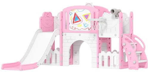 AIYAPLAY Tobogán Infantil 7 en 1, Tobogán para Niños de 1-3 Años, Temática de Rana, con Aro de Baloncesto, Túnel, Pizarra, Telescopio de Juguete, Escalador y Cajas, para Interior y Exterior, Rosa