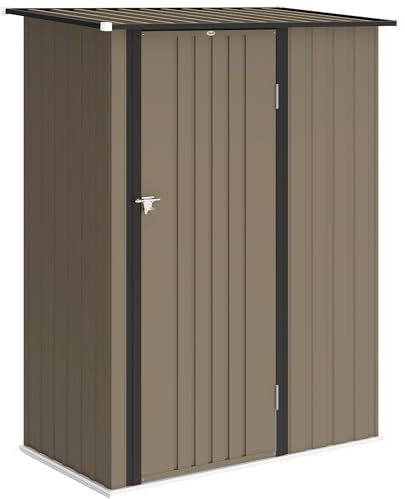 Outsunny Casetta da Giardino 1.07m² in Acciaio Zincato, Capanno Porta Attrezzi con Porta Bloccabile, Tetto Inclinato, 142x86x189 cm, Marrone