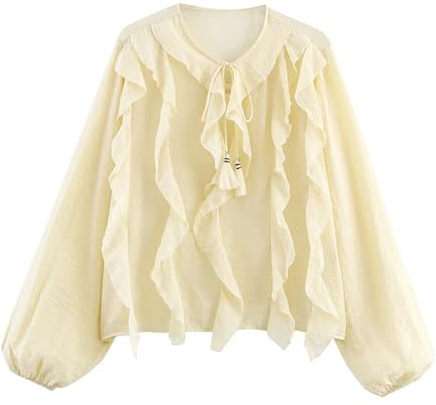 UJEDFHV volangblus för kvinnor damblus med rosett, höst, damtoppar, volanger, romantisk stil, eleganta blusar att jämföra med, Beige, XS