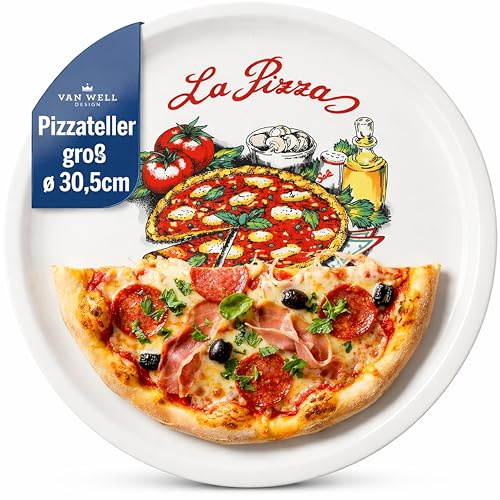 Van Well Napoli Italiensk pizzatallrik Ø 30,5 cm, XL porslinstallrik för pizza och pasta, mikrovågsugnssäker, diskmaskinssäker, bra stapelbarhet, servis