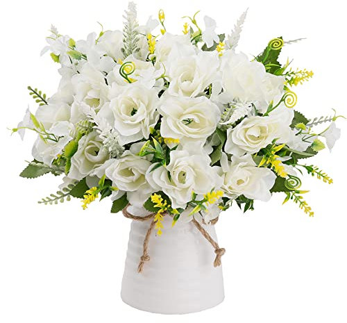 LESING Fleurs Artificielles dans Un Vase en Céramique Fausses Gardénia Fleurs en Soie Bouquet De Mariée Fleur Réaliste pour La Fête De Mariage Maison Décoration De Table Centres (Blanc)