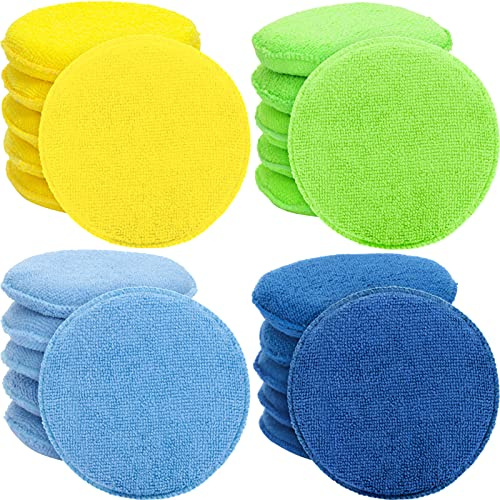 20 Pieces Cars Microfiber Wax Applicator Pads Foam Bulk 5 Inch Diameter Round Polishing Sponge Buffing Detailing Pads for Cars, Yellow Green Blue Dark Blue