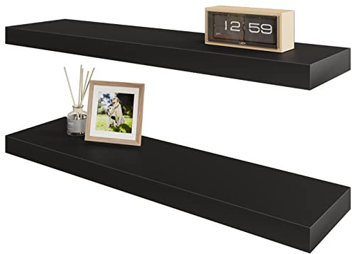 BAMEOS Floating Wall Shelves 24 x 6 Inch – Easy-Install Hanging Shelves with Hardware Included | Modern Decor Shelf for Bathroom, Bedroom & Living Room Storage, Set of 2, Black