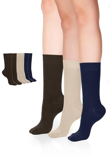 Hugh Ugoli Calcetines de Media Caña Mujer de Bambú Suaves, 3 Pares, Calcetines Finos para Negocios, Pantalón y Uso Casual, Azul Marino, Beige, Marrón, Talla 39-43