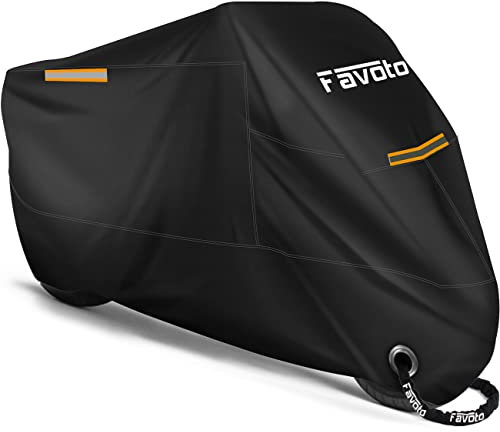 Favoto Funda para Moto Cubierta de la Motocicleta 210T Protectora Poliéster con Banda Reflectante a Prueba de Sol Agua Lluvia Polvo Viento Nieve Excremento de Pájaro al Aire Libre XL 220cm Negro
