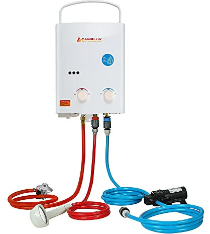 Camplux 5 litres Tankless Gas Water Heater with Water Pump Pack, White