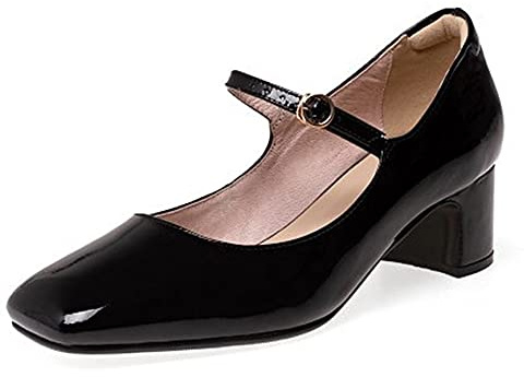 Lutalica W Donna Pelle verniciata Punta chiusa Retro Cinturino alla caviglia con fibbia Tacco spesso Mary Jane Pumps Scarpe, nero, 42.5 EU