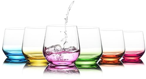 Stemless Wine Glasses Set of 6 - Hand Blown Colored Short Wine Tumblers - 15 oz Elegant Sparkling Wine Glass - Unique Gift for Birthday,Wedding, Mother’s Day