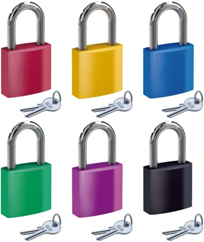 BASI | Vorhangschloss bunt im 6er Set | Rot Schwarz Grün Blau Geld Lila jeweils 1 Stück | 38 mm | Aluminium-Gehäuse | gehärteter Stahlbügel | Vorhängeschloss | 6 Stück