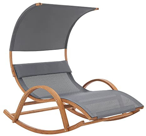 [en.casa] Schaukelliege Kasos 181 x 135 x 190 cm Liegestuhl mit Sonnendach Schaukelstuhl mit Kopfkissen und Armlehnen Gartenliege Lärchenholz Polyester Dunkelgrau