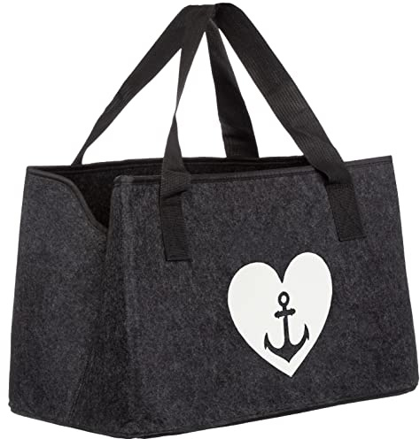 Brandsseller Filtväska | fritidsväska av filt | Praktisk shoppingväska | shoppingväska med maritintryck | ca 40 x 26,5 x 22 cm, Antracitra | Hjärta med ankare, Einheitsgröße