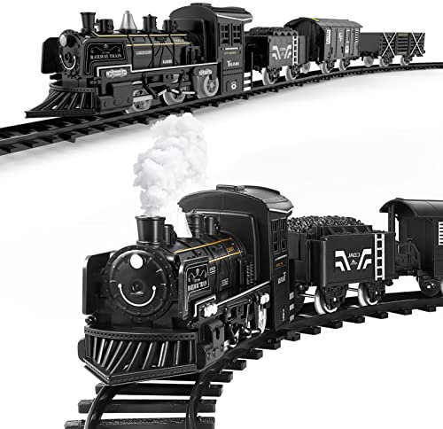 TOYANDONA Ensemble de Train avec Locomotive à Vapeur Jouet de Train Électrique pour Garçons Filles avec Fumées Lumières Et Son Voitures de Fret Et Voies Ensembles de Train de Noël sous Le