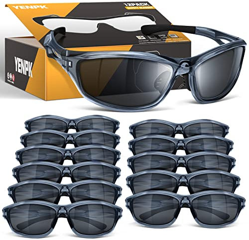 YENPK 12-pack skyddsglasögon för män kvinnor, skyddsglasögon/solglasögon ANSI Z87.1 + standard UV400, linda runt ögonskydd, reptåliga skyddsglasögon (mörkgrå lins och ram)