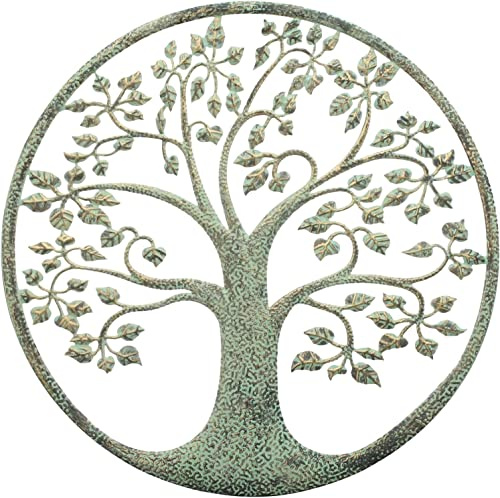 Dekoleidenschaft Wandbild Baum des Lebens aus Metall, mintgrün lackiert mit Kupfer Patina, rund Ø 40 cm, Metallbild Lebensbaum, Wanddeko Tree of Life