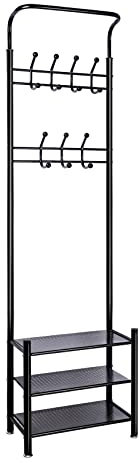 Homewit Garderobenständer, Kleiderständer, Schuhregal, Garderobe mit 7 Kugelhaken und 3 Ablagen, 52x30x190cm, für Schlafzimmer Flur Wohnzimmer, Metall, Schwarz