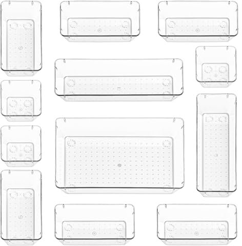 Stackzy Drawer Organiser Set – Makeup Organiser Tray for Drawers – Clear Cosmetics Container Tray for Bedroom – Utensil Cutlery Set Divider – Kitchen Storage & Organisation – 12pack