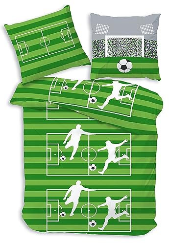 MTOnlinehandel Kuschelige Fußball Bettwäsche 135x200, Biber 100% Baumwolle für Kinder und Teenager - Weiche Bettgarnitur mit Reißverschluss, Kinderbettwäsche (135x200+80x80)