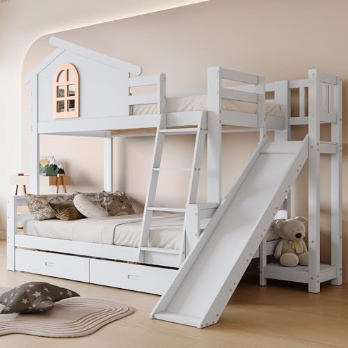 Idemon Litera 90 & 120 × 200 cm EN747-1 (blanco, diseño de ventana y escalera basculante), cama para niños con tobogán y 2 cajones, marco de madera maciza + nivel de inclinación de seguridad
