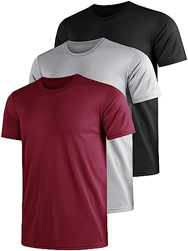 UEEKO Lot De 3 T-Shirts De Sport à Manches Courtes pour Homme SéChage Rapide Respirant pour Le Fitness La Course à Pied Rouge Foncé/Noir/Gris L