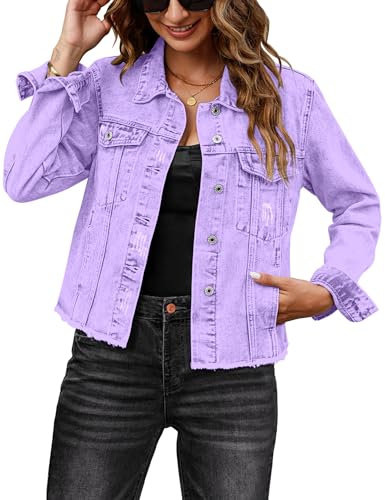 luvamia Jeansjacke für Damen, Jeansjacke im Used-Look, Knopfleiste, Vintage-Stil, Western-Trucker-Jacke, ausgefranster Saum, Taschen, Lilac Breeze, Medium