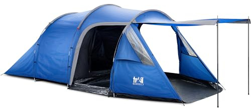 Bowden 3 Man Tunnel Tent for Camping Festivals, 3000mm Waterproof, Darkened Dark Zone Bedroom, Living Area with Canopy, Bathtub Groundsheet, Compact Carry Bag (L435cm x W210cm x H125/145cm)