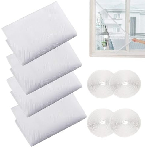 Mosquito Net for Windows, New Upgrade 4 Fly Screens Window Mesh 1.3 mx1.5 m 1.5 m x 2 m Insect Netting Bug Bee Mosquito Protector with 4 Tapes, White