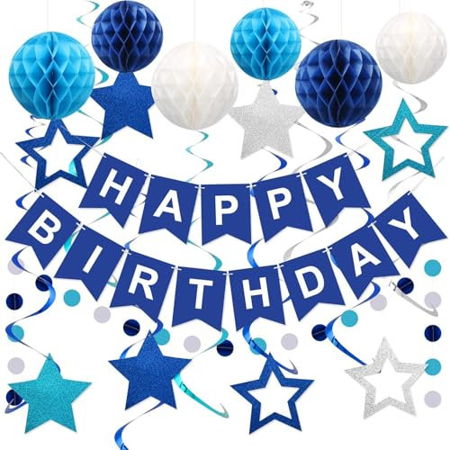 ZUXOLBIN Marine Blau Geburtstagsdeko Happy Birthday Girlande Banner Mit Wabenkugel Stern Wimpelkette Wiederverwendbare Party Deko für Jungen