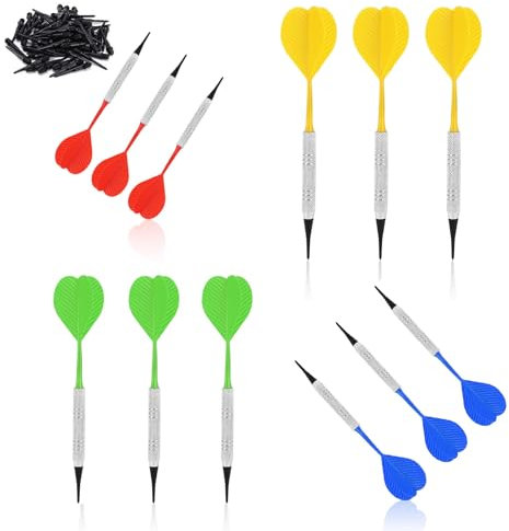 HJIAMA 12er Set Dartpfeile mit Kunststoffspitzen – 4 Farben (Rot/Gelb/Blau/Grün) + 36 Ersatzspitzen – Präzisionsgewicht 13,4g – Ideal für Einsteiger & Profis – Für Zuhause, Pub & Turniere