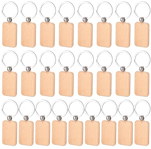 25 Piezas Llaveros de Madera en Blanco Personalizada, Llaveros de Madera Personalizados DIY, Rodajas de Madera Llavero de Madera rectángulo con Anillos para Manualidades DIY Grabado Pirograbado