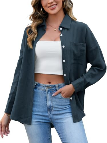 HAPYWER Musselin Bluse Damen Baumwolle Oversize-Bluse Langarm Longbluse Leichte Sommerbluse Locker Hemdbluse Modern Oberteile Langarmshirt Blusenshirt(TiefGrau,L)