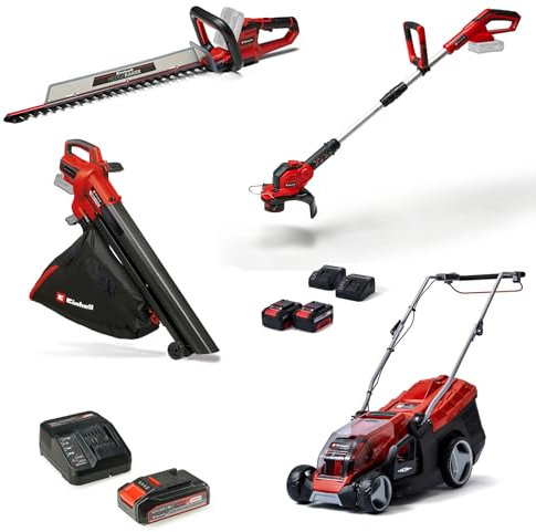Einhell Akku-Garten-Set Power X-Change (18 V, inkl. Akku-Heckenschere, Akku-Rasentrimmer, Akku-Rasenmäher, Akku-Laubsauger, 2X 4,0 Ah Akku, 2,5 Ah Akku, Ladegerät)