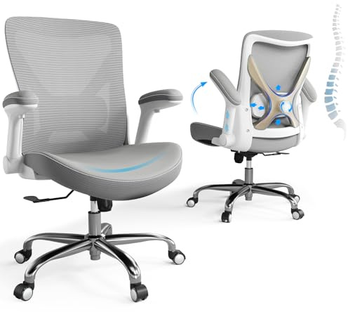 Ergalithic Office Home Ergonomic Desk Chair-Computer X-Shaped Chair Mesh PU Leather with Adjustable Lumbar Support-Executive Chair High Back Flip-Up Arms for Long Hours (Grey-No Headrest)