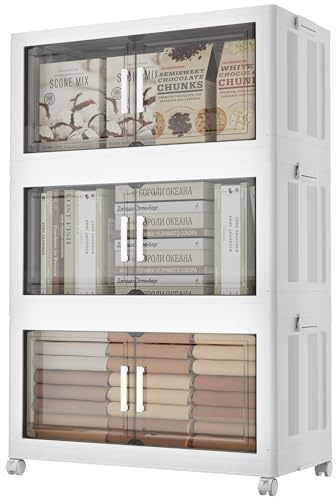 Naviconvex Storage Boxes with Lids, 3 Tier 180L Plastic Storage Box with Magnetic Doors and Wheels, Stackable Storages Boxes, Foldable Storages Drawers and Organization for Kitchen, Office, Home