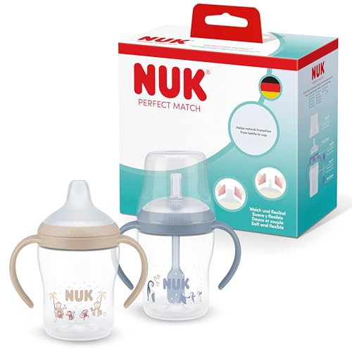 NUK Perfect Match Vaso Aprendizaje Bebe | 6+ meses | 150 ml | Vaso antiderrame bebe con pajita | Asas antideslizantes | Azul | 2 unidades