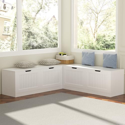 NEBZHASK 63 inches L-Shaped Storage Bench Corner Dining Bench with Hidden Storage Wooden Backless Bench for Entryway Dining Room Kitchen,White