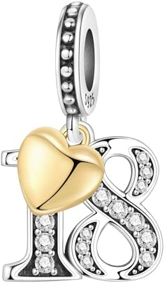 PANPOKI Breloque chiffre pour bracelet et collier - Argent sterling 925 avec oxyde de zirconium et cœur plaqué or 18 carats - Cadeau d'anniversaire (10 13 15 16 18 20 21 25 30 40 50 60)