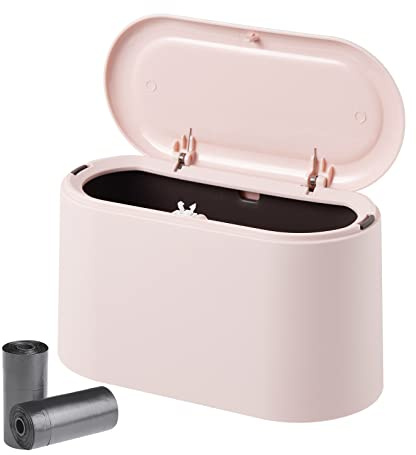 KOMABLEN Bordssoptunna med fällbart lock, 2L mini liten soptunna med 2 rullar soppåsar, kompakt design kosmetisk korg, plastsoptunna för toalettbord