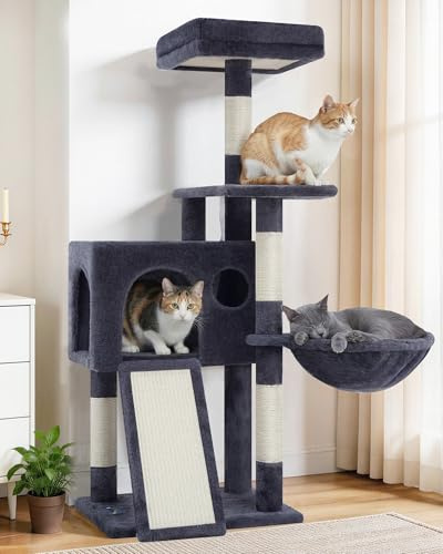 Gitelsnour Árbol Rascador para Gatitos, Torre de Gatos Interior de 107 cm, Árbol para Gatos con Postes Rascadores, Hamaca, Caseta y Pelota Colgante, Gris Ahumado GCT005SG