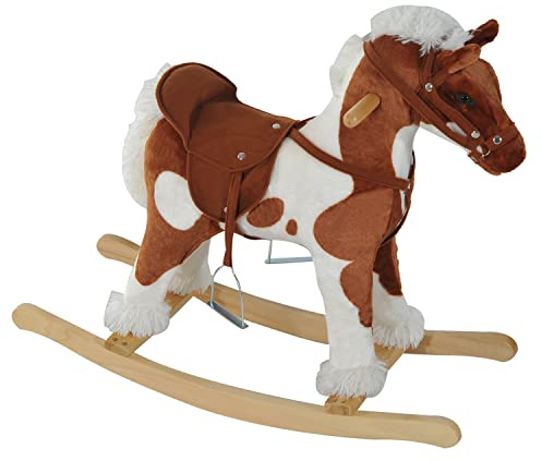 Qaba Wooden Toddler Rocking Horse, Kids Plush Ride on Horse Toy Animal Rocker with Nursery Rhyme Music Brown