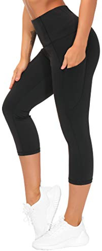 THE GYM PEOPLE Thick High Waist Capris Yoga Pants with Pockets, Tummy Control Workout Running Yoga Leggings for Women Black