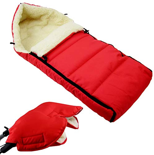 BAMBINIWELT KOMBI-ANGEBOT Muff + vinterväska 108 cm – av lammull för barnvagn, buggy, hjulberlock – ylle – LINIERT röd