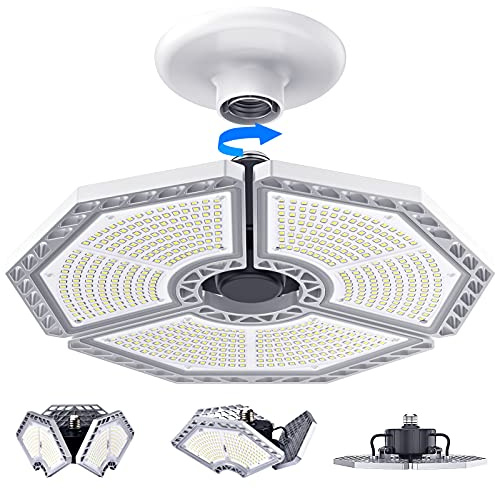 KERNOWO LED Garage Lights, 140W 18500 Lumens Garage Lighting, 6000K Daylight with Deformable Three Panel Ceiling Light Fixture E26/E27 Triple Glow LED Shop Light for Basement Workshop Warehouse