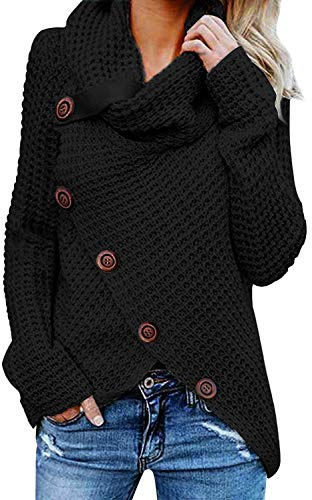 Tuopuda Jerseys De Punto para Mujer Cuello de Tortuga Manga Larga Suelto Prendas de Punto Suéter Irregular Jerséis Collar de la Pila Tops Sudadera Casual Tallas Grandes Suéter Suelta(Negro,XL)