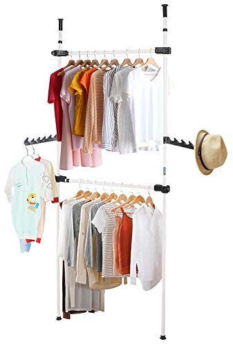 Teleskop Garderoben, Begehbarer Kleiderstange Kleiderschrank System Teleskop Ohne Bohren Offener Teleskop Garderobensystem Kleiderstangensytem Teleskop-Garderobe mit 2 Haken Höhenverstellbar