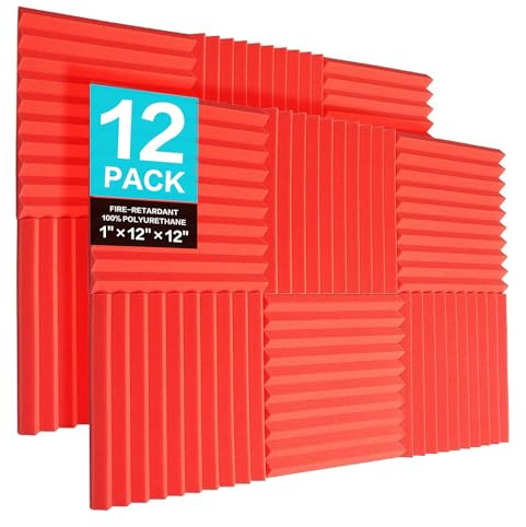 JBER Akustiska skumpaneler till studio, kilformad ljudisolering, brandsäkert ljudisolerat foder, akustiskt behandlingsskum, 2,5 x 30 x 30 cm (1 x 12 x 12 tum), 12-pack (röd)